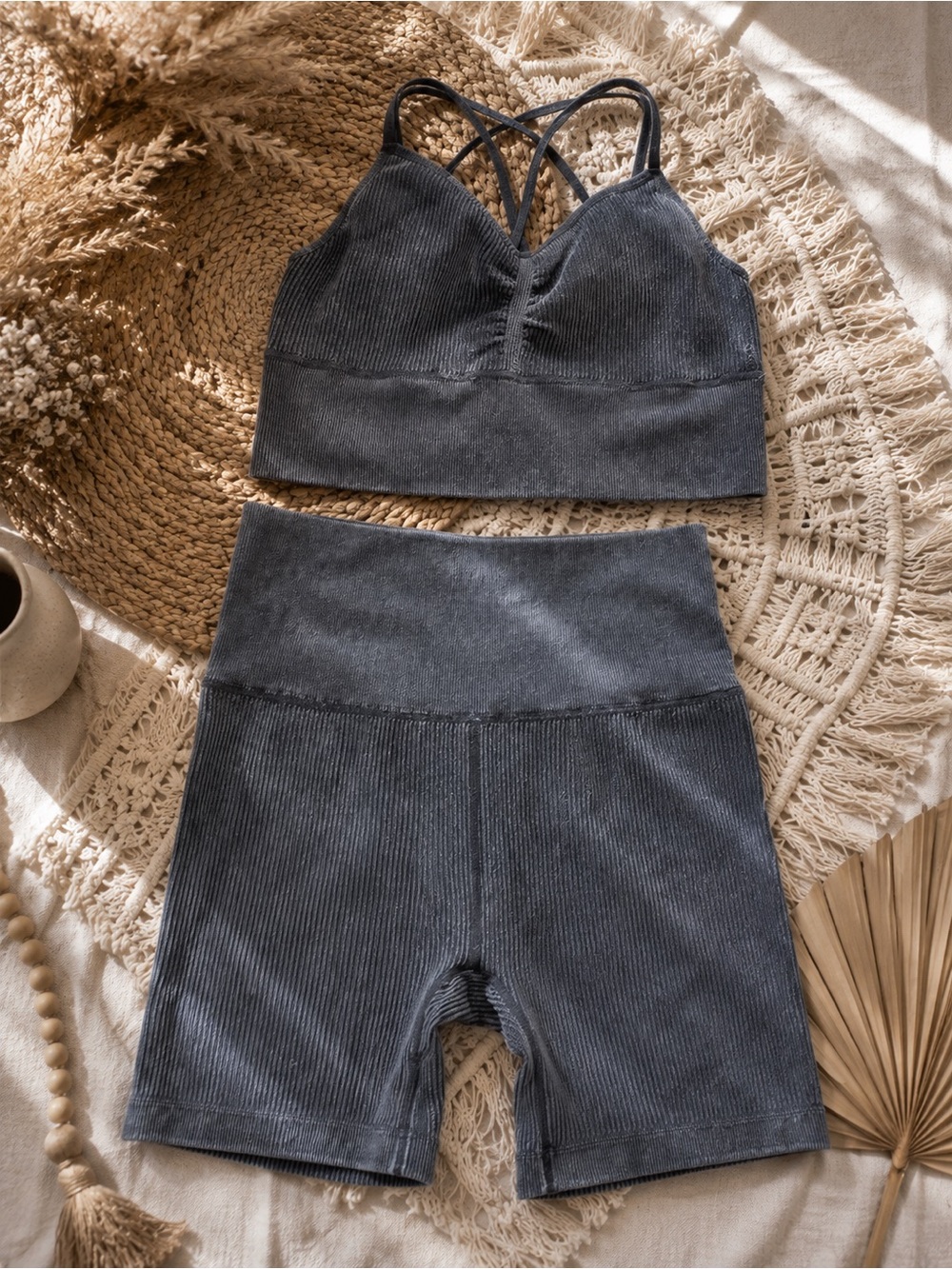 Seamless Ribbed Charcoal Active Set - Sports Bra & High-Waist Shorts